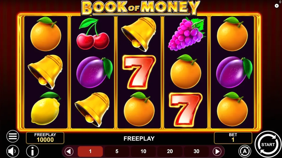 Tampilan visual slot Book of Money dengan simbol buah dan buku kuno