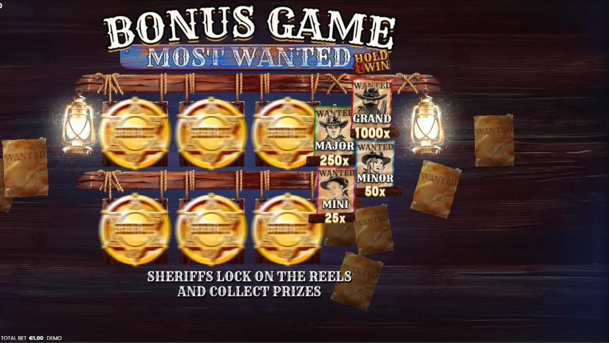 Pemandangan atmosferik slot Most Wanted: Hold & Win dengan tema koboi dan gurun.